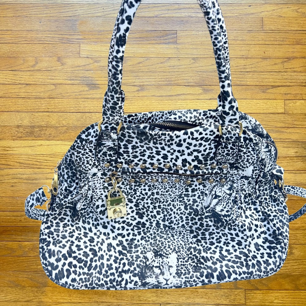 Leopard Print Satchel Handbag White Black Studded Gold Lock Animal Print Bag